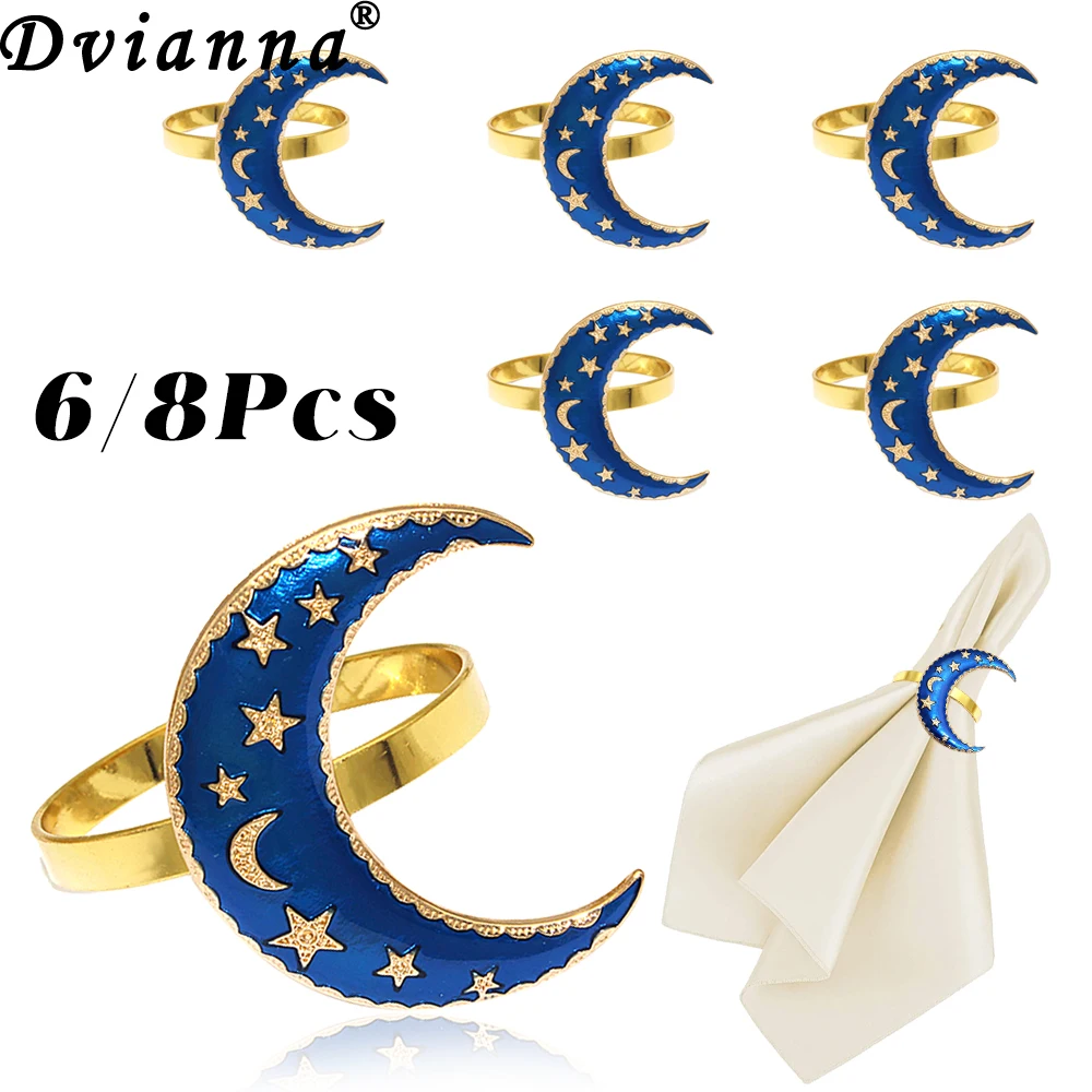 

6/8Pcs Ramadan Napkin Rings Navy Blue Moon Gold Star Napkin Holders for Hanukkah Eid Ramadan Mubarak Wedding Baby Shower Decor