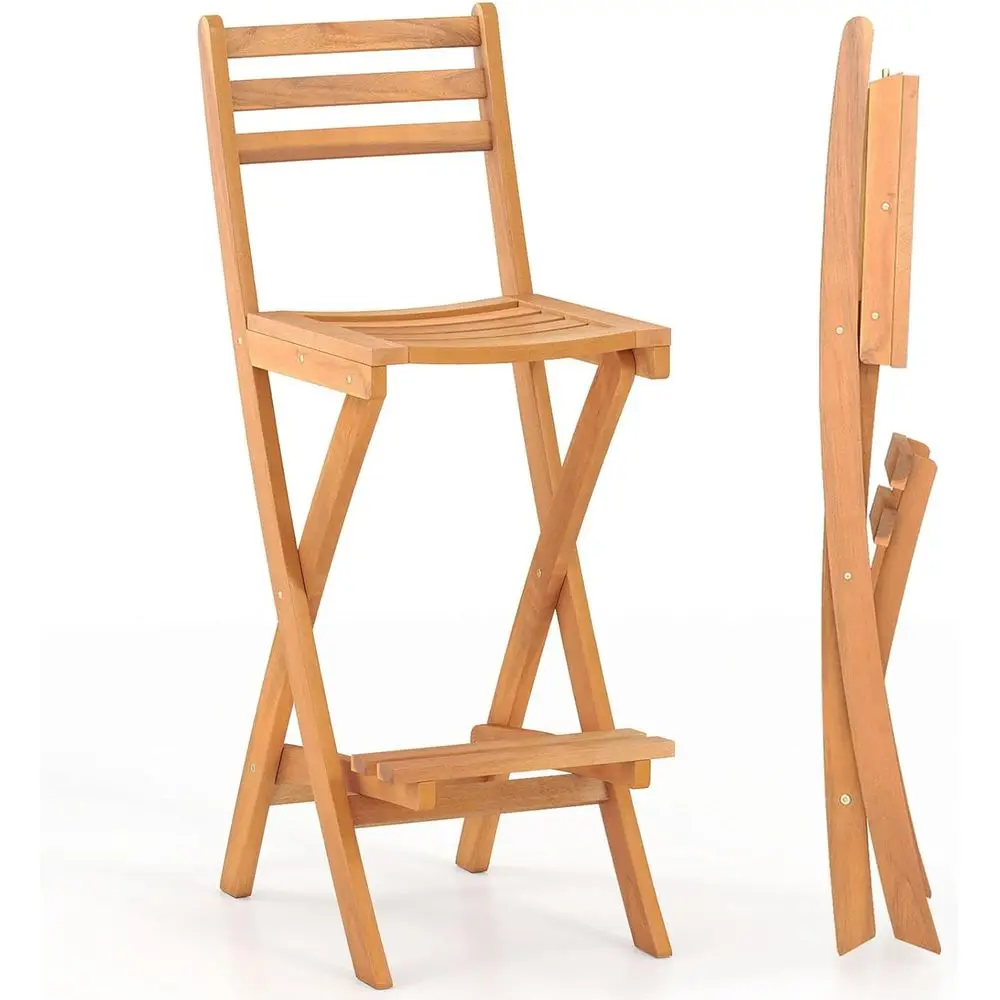 

Acacia Wood Outdoor High Top Bar Stools with Slatted Backrest, Safety Lock for Patio, Poolside, Garden, Balcony Use