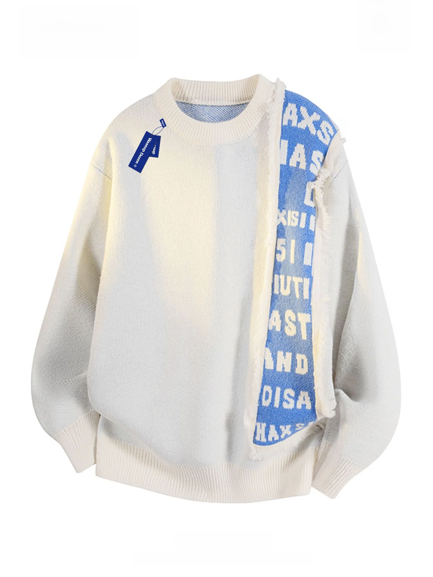 

Wassup Dozen Men's Retro Patchwork Letter Print Knitwear round Ne Sweater Casual Loose Fit Soft Polyester Long Sve Top