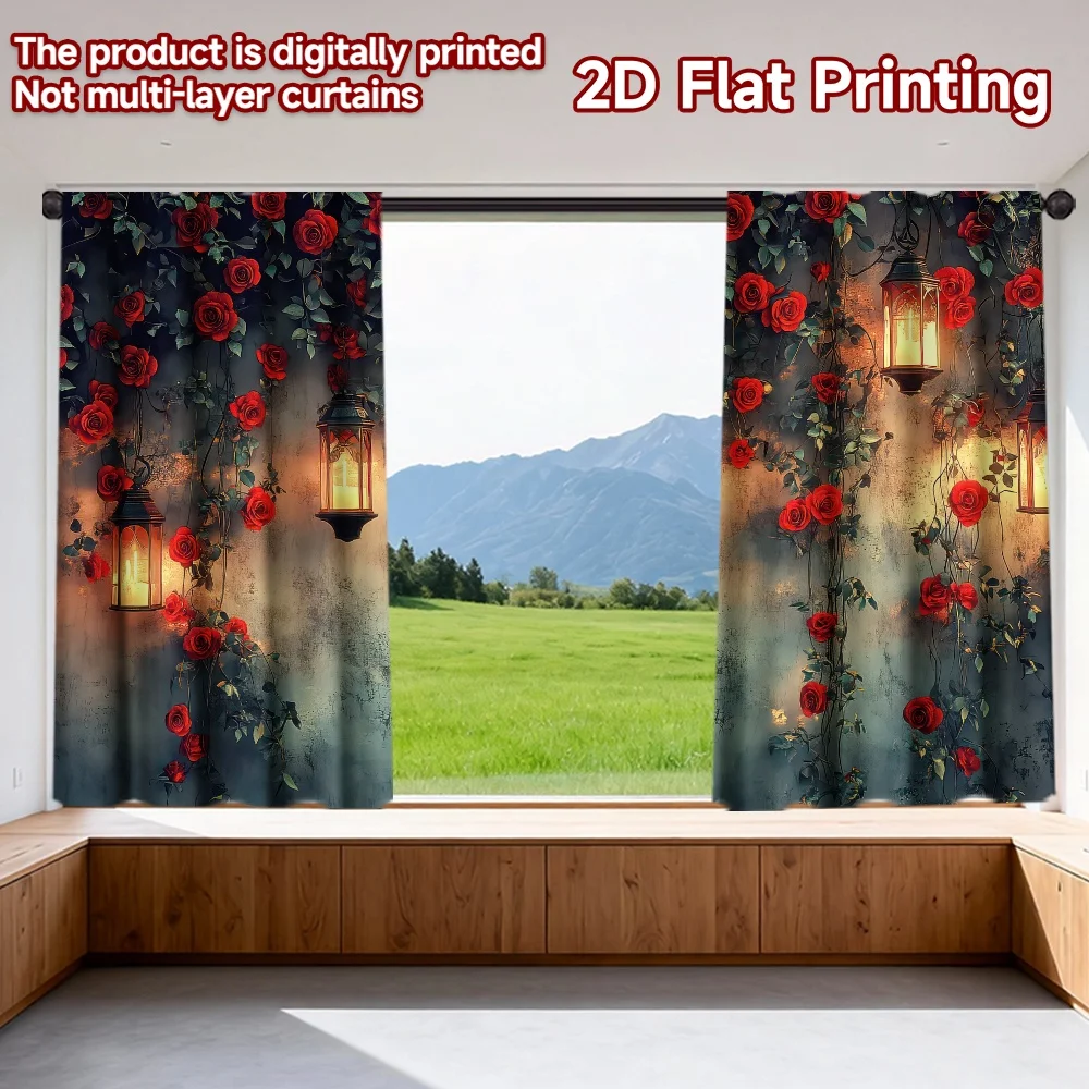 

2D flat printing 2pcs Party Window Curtains Valentine's Lanterns with Roses Digital Printed Polyester Drapes Birthday Party