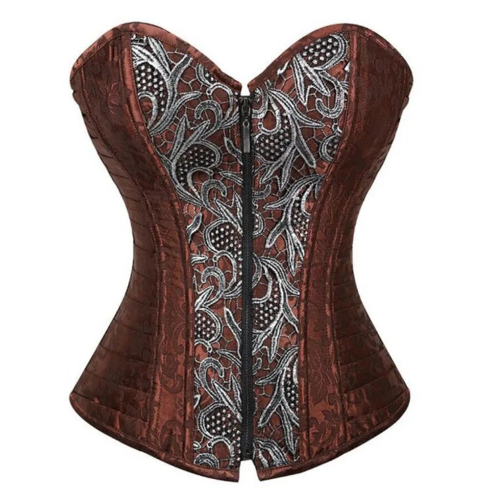 

Women Lace Up Corset Zip Floral Gothic Bustiers Tops Brown Brocade Overbust Corsets Sexy Punk Burlesque Corselet
