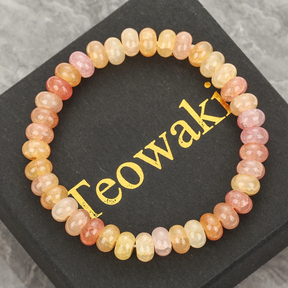 TeoWaki Natural Orange Crackle Crystal Stretch Bracelet Flat Oval Vein Beads Stackable Daily Jewelry Best Gift For Women Men19cm
