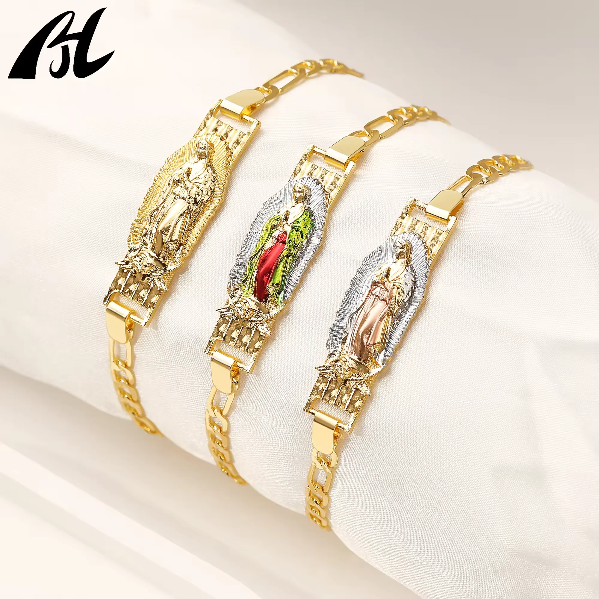 Hot Sale Oro 14k Gold Plated Pulseras Brass Alloy Three Tone Religious Virgen De Guadalupe Figaro Chain Charm Bracelet