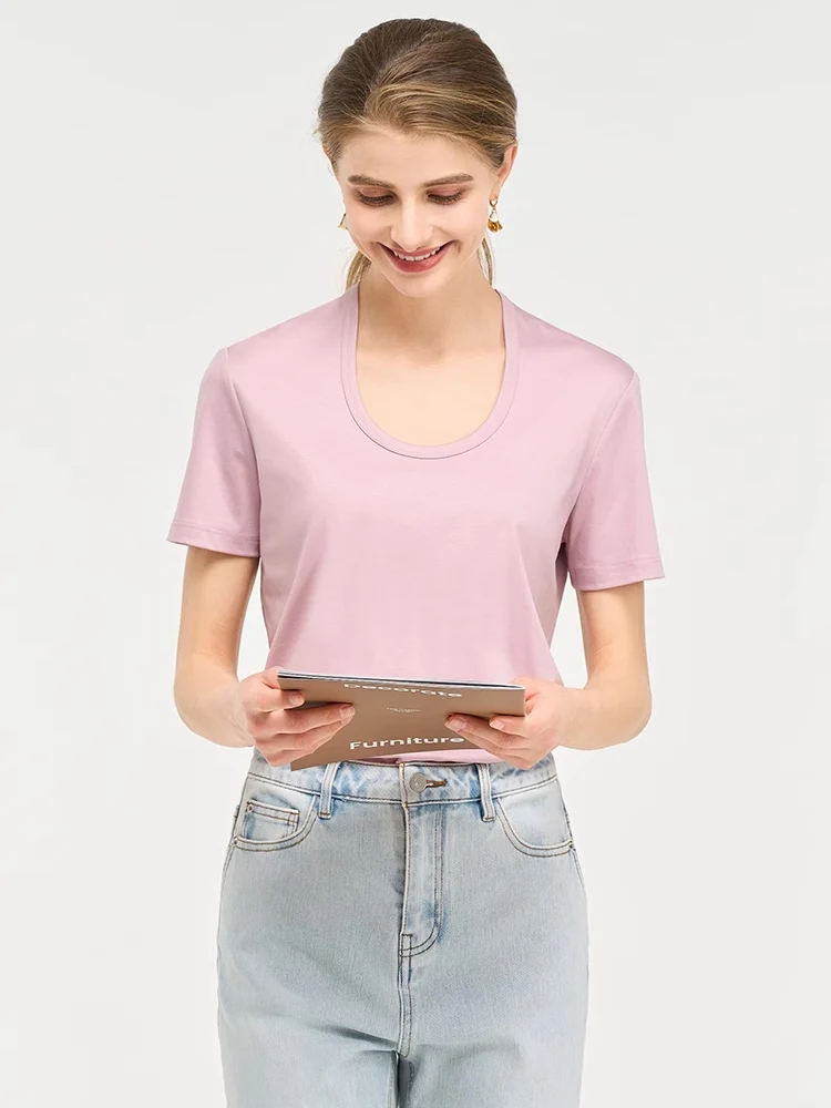 SuyaDream, Women Solid T Shirts, Silk Cotton Blend, Square Collar, Short Sleeved Tee, 2025 Summer Candy Colors Basic Cozy Top