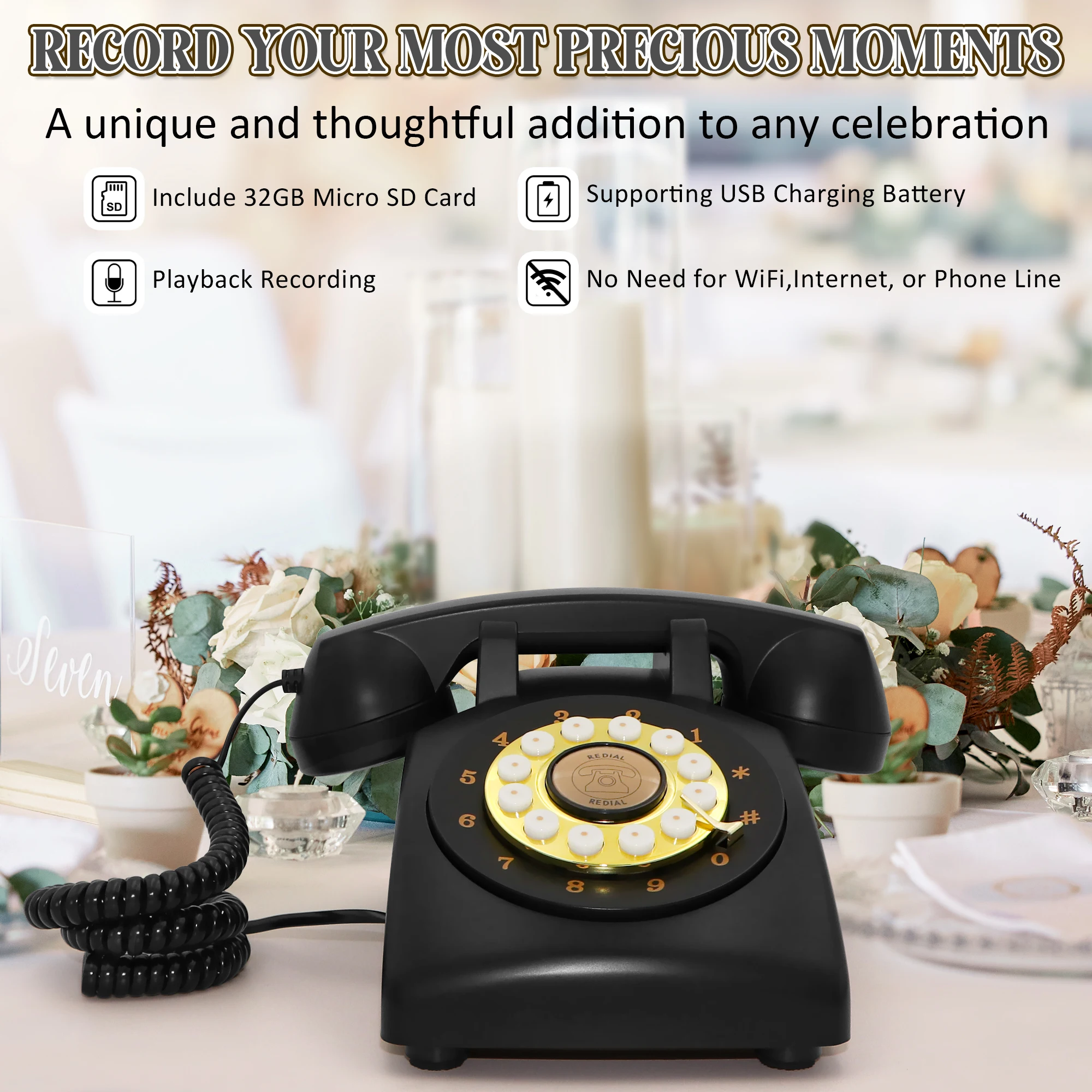 Audio Vintage Guestbook Telephone Wedding Birthday Party Voice Message Record Play Device Unique Retro Guest Blessing Recorder