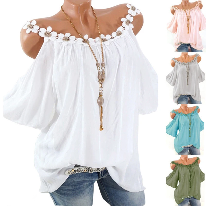 

GELITAYIN Sexy Off Shoulder Shirt Women 2025 Summer Short Sleeve Fashion Pullover Blouse With Flower Tops Loose White Blouses Bl