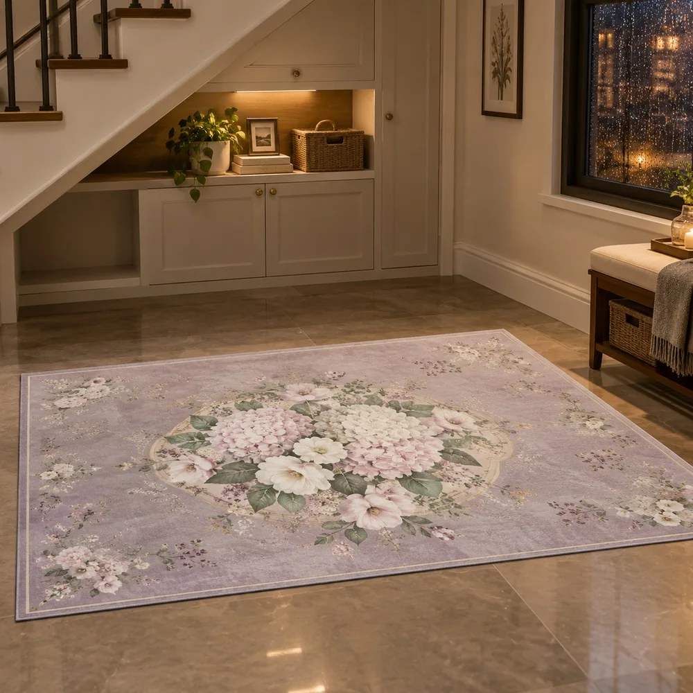 VIKAMA Living Room Rug Misty Lilac Hydrangea Lisianthus Cluster Elegant Easy Clean Bathroom Hallway Bedside Modern Home Decor