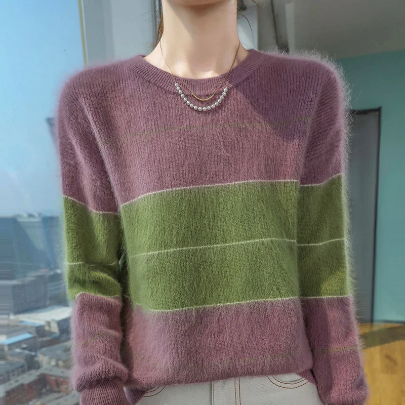 

Autumn And Winter Mink Wool Round Neck Knitted Sweater Women's Tricolor Loose Long-Sleeved Casual Pullover Bottoming Blouse