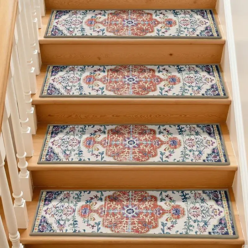 VIKAMA Vintage Floral Multi Color Crystal Velvet Stair Runner for Wood Steps Anti Skid Cozy Aesthetic Plush Cushion Home Decor