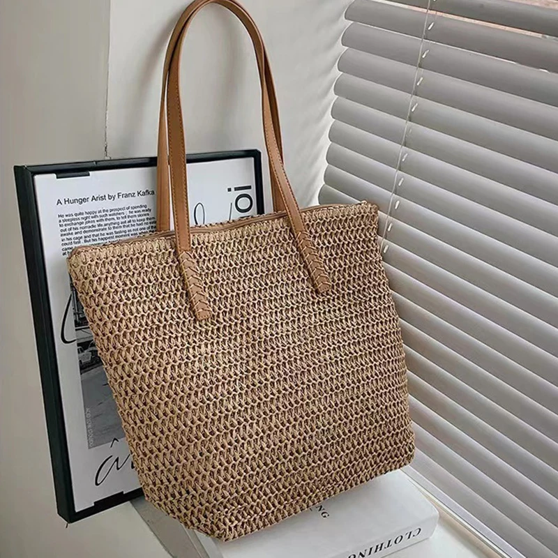 Summer Large Capacity Tote Bag Women Shoulder Bag Handmade Woven Bag INS Fresh Rural Handheld Grass Woven Women Bag