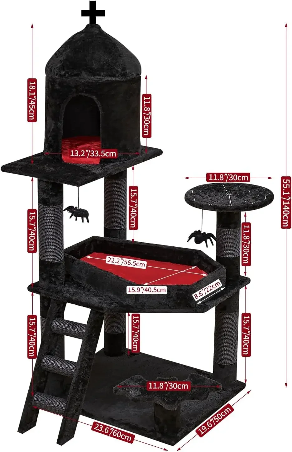 Gothic Cat Tree with Coffin Bed Cat Tower with Spacious Cat Condo Scratching Posts Spider Hanging Ball Multi Level