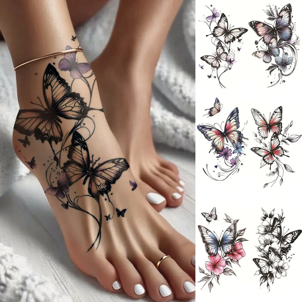 

6pcs Waterproof Temporary Tattoo Sticker Colorful Butterfly Flower Leaf Sexy Design Body Art Arm Fake Tattoos Sleeve Women Men