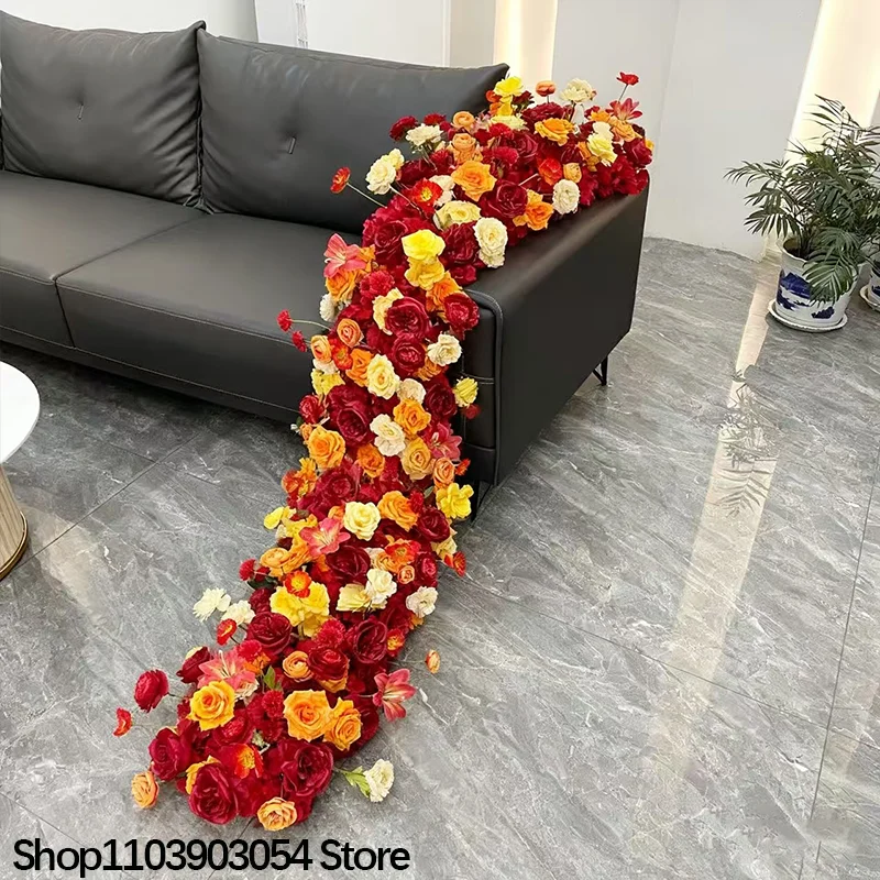 أحمر/برتقالي/أصفر فاخر وردي كوبية أريكة الجدول عداء زهرة الزفاف خلفية الديكور تشكيلة صف الزهور الدعائم الحدث