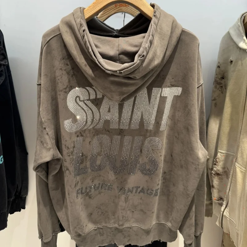 High-quality SAINT LOUIS Retro full of diamonds Hoodie Men's Women's Washed Purple Black Gray Autumn and Winter Pullover