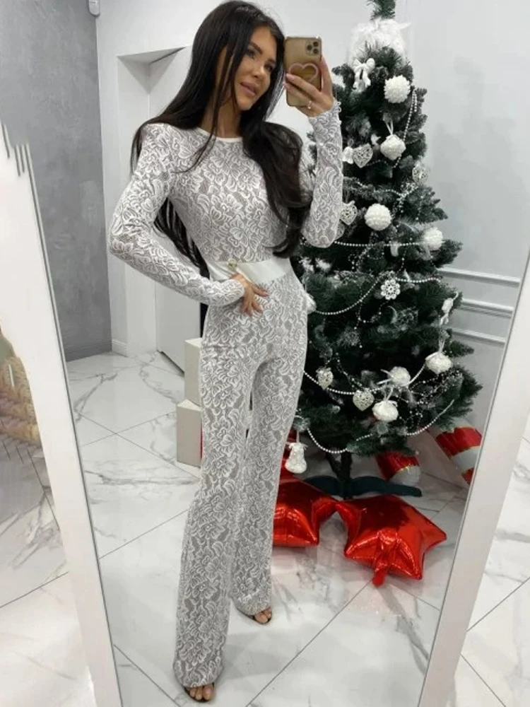 JULISSA MO Elegant Round Neck Lace Women Jumpsuit Black Long Sleeve Print Floral Playsuit Female Winter Skinny Party Club Outfit