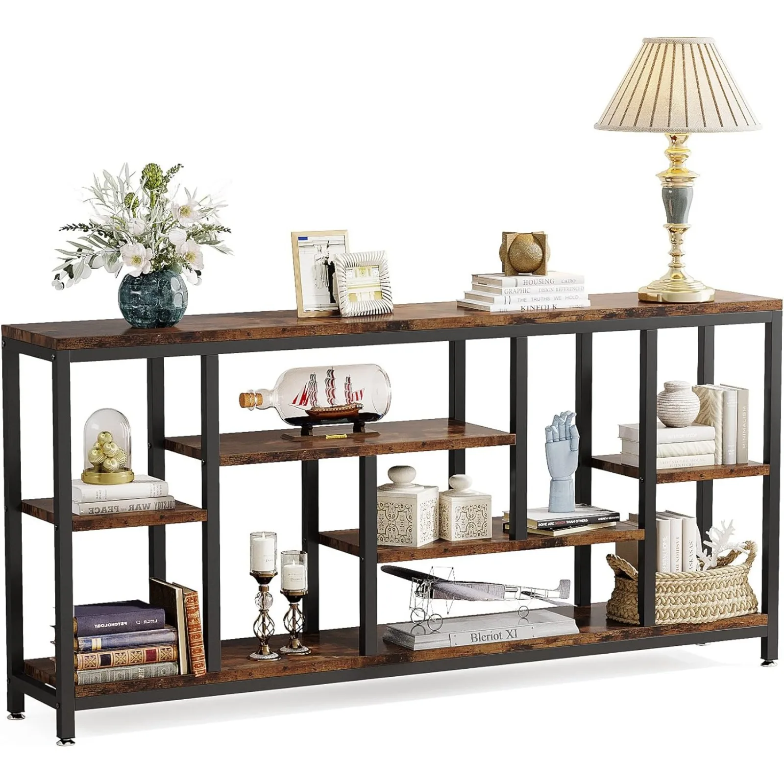 US Console Sofa Table, 70.9 inch Extra Long Table Behind Couch with Storage Shelves, 3-Tier Industrial Narrow Entrywa