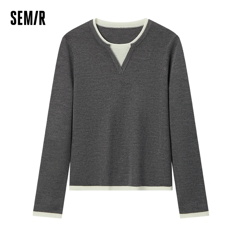 Semir Knitted Sweater Women Wool-Containing Round Neck Slim Fit Temperament 2024 Winter NewColorblock Sweater