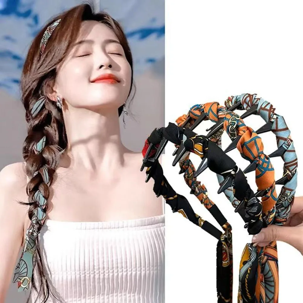Faixa de cabelo com corrente de impressão vintage, fita longa, pérola francesa, streamer, cabelo amarrado, integrado, moda premium, acessórios de cabelo trançados