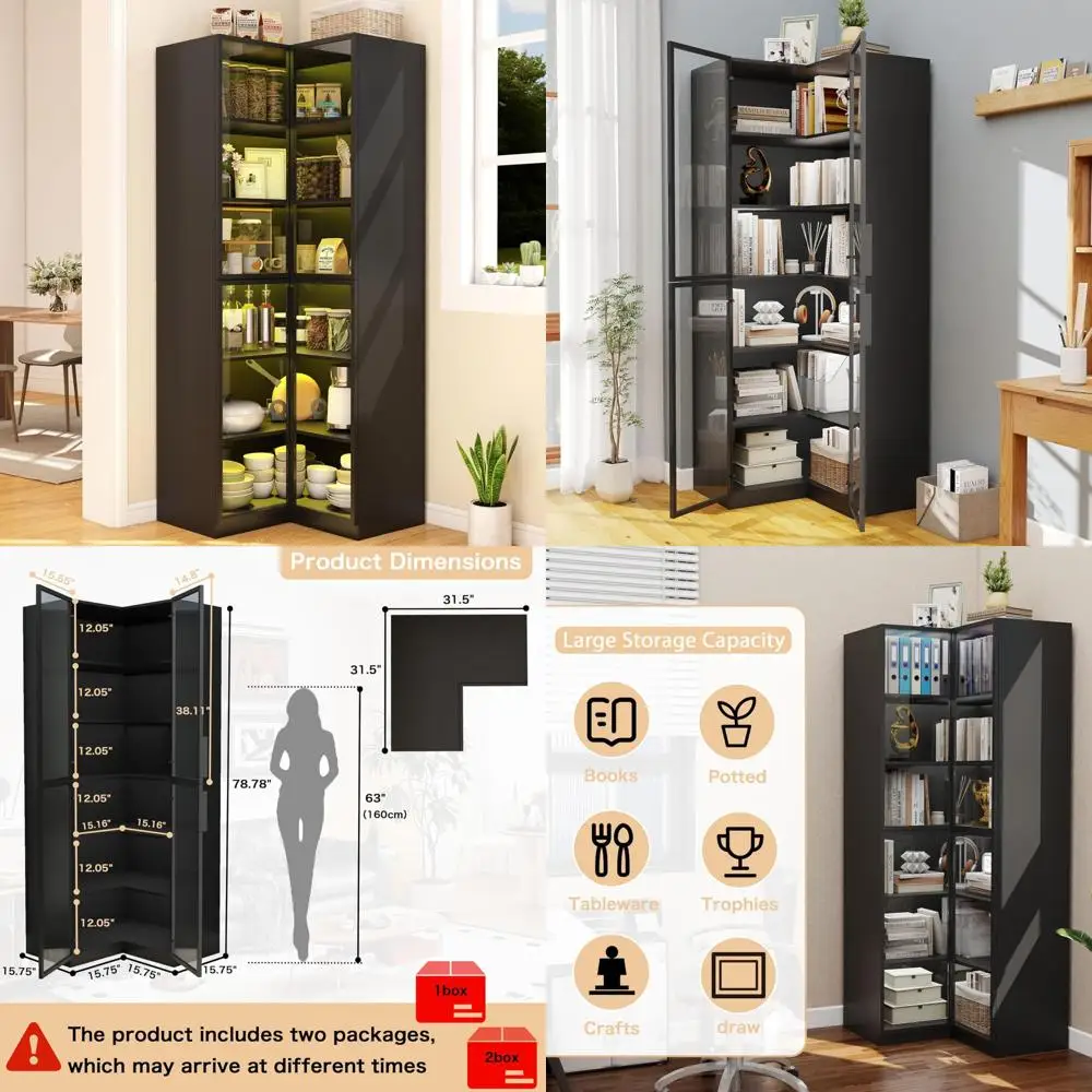 خزانة كتب زاوية كبيرة على شكل حرف L مع أبواب زجاجية، وخزانة عرض وإضاءة طويلة، وحل تخزين من 6 طبقات