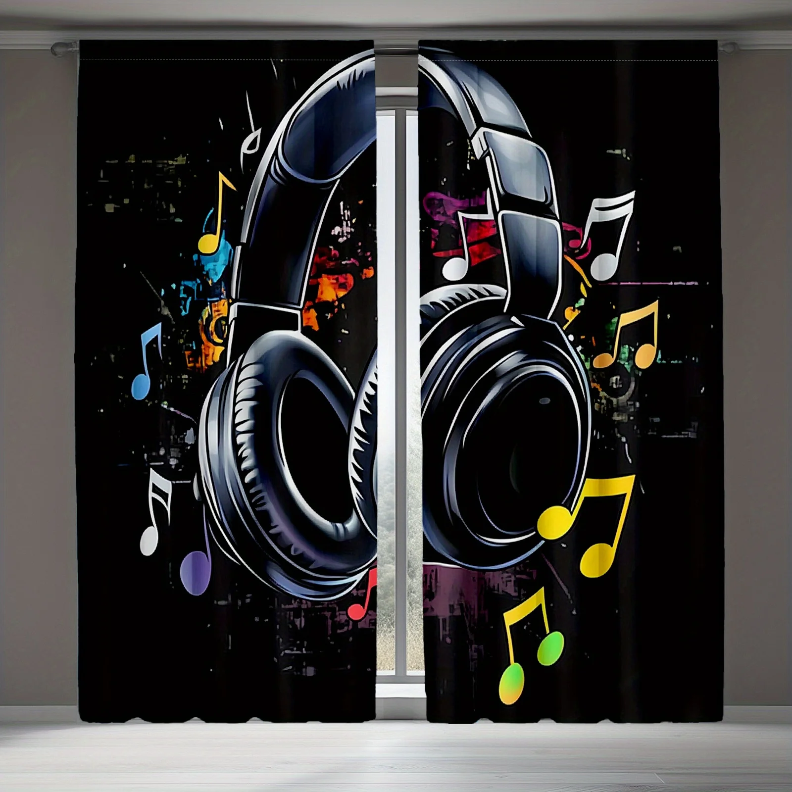 Decorative Black Curtain Music Notes Headphones Window Drapes Abstract Modern Art Home Decor Living Room Wall Hanging