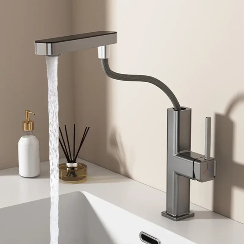 Gun ash faucet multi-functional pull-out basin basin cold and hot water outlet single hole extension faucet MT2517