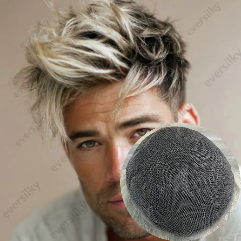 1BT60R Toupet für Männer, Vollständige Schweizer Spitzenbasis, Männliches Haarprothesesystem, Grau-Schwarz, Natürliches Echthaar, Herrenperücke, Haarprothese für Männer – Detail 1