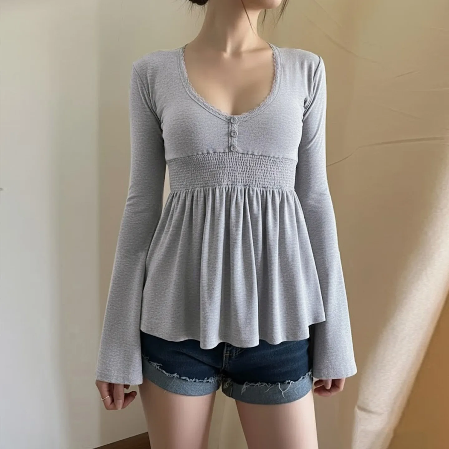 Women's Long Sleeve Blouse Lace V Neck Longsleeve Blouses Black Flared Hem Fitted Top Pink Smocked Waist Lace Trim Tops Gray - view 2