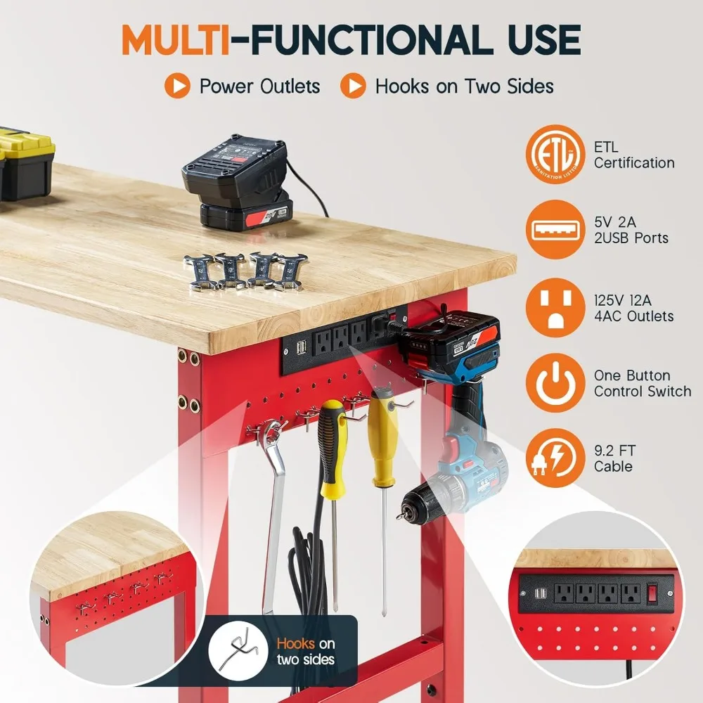 Adjustable Heavy-Duty Workbench 44x20 with Power Outlets, 2000 LB Capacity, Solid Rubberwood Top, Ideal for Garage Use