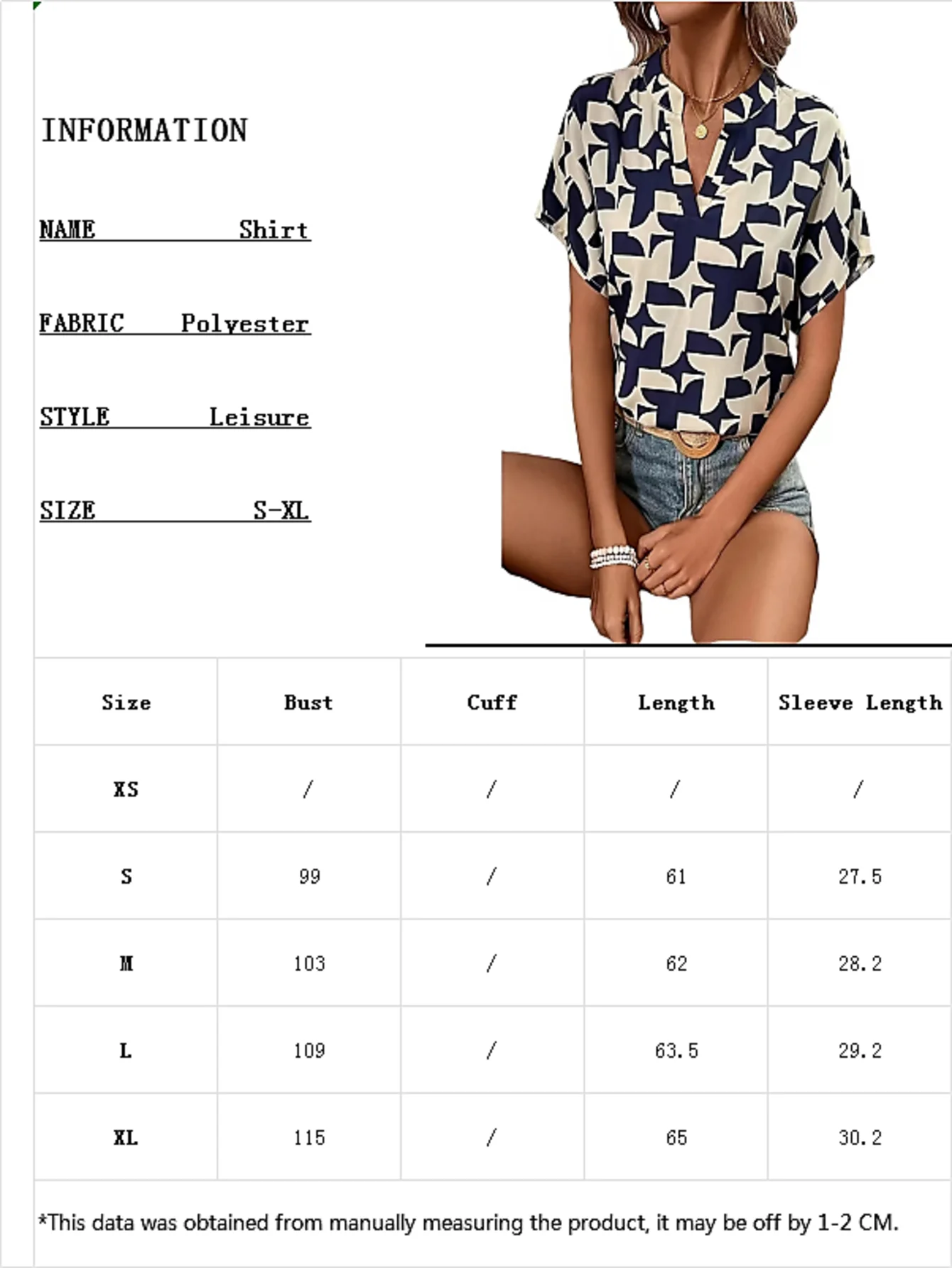 Geometric Print Shirt for Women, V-Neck Collar, Leisure and Loose Temperament, New Design Sense, Spring and Summer, 2024New