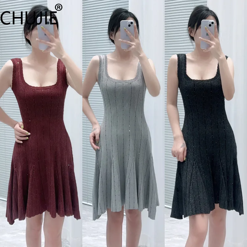 

CHUJIE Fall 2025 Платье с украшением из кристаллов, эластичное платье-комбинация трапециевидной формы, облегающее отпускное платье с ремешками