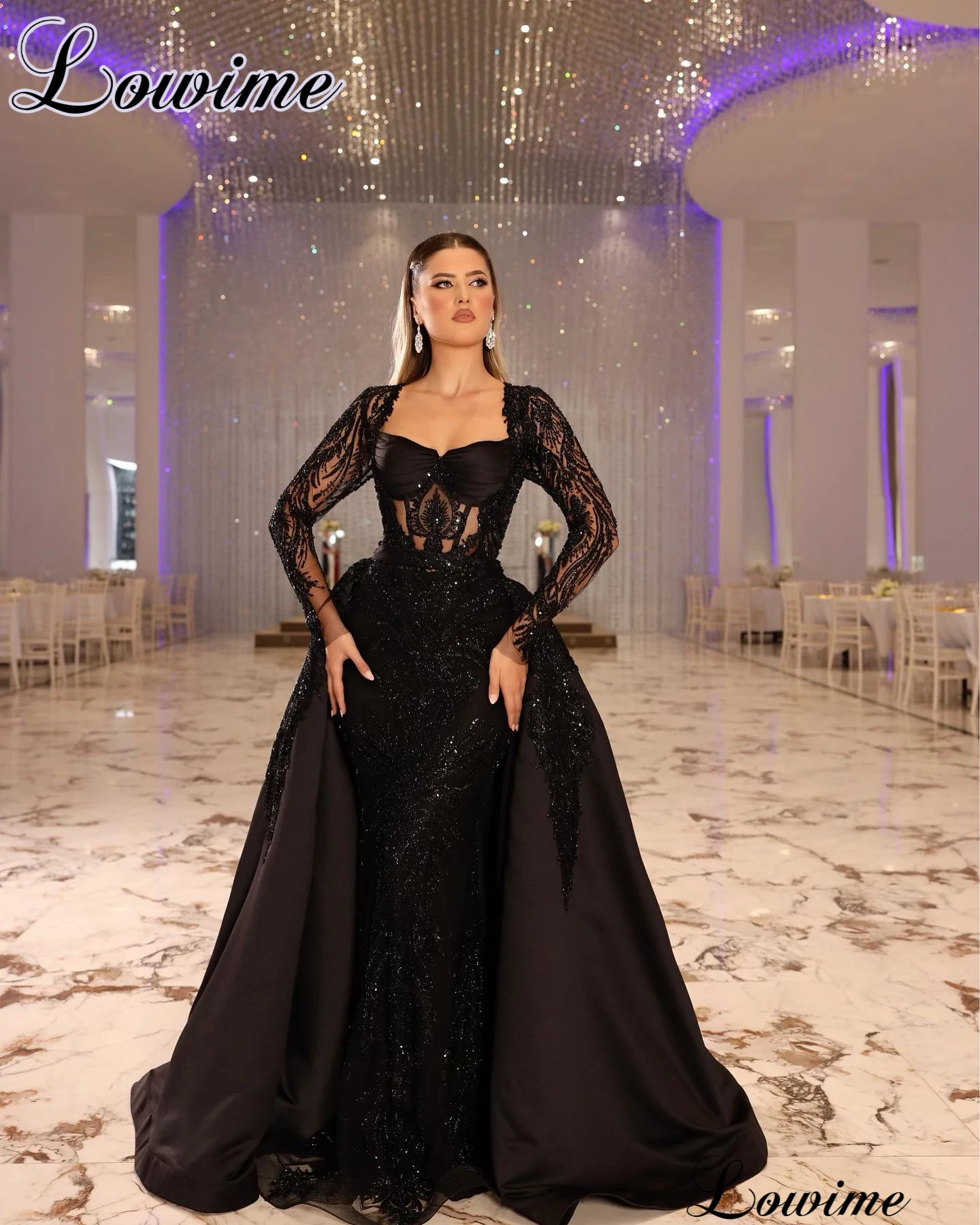 Two Pieces Black Beaded Evening Dresses With Detachable Train Long Sleeves Formal Occasion Dresses For Women Robes De Soirée