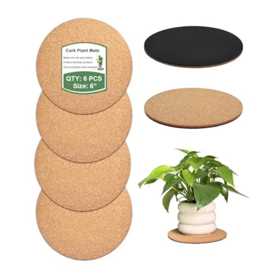 Cork Plant Coasters and Saucers 6 Inch Absorbent Round Mats for Indoor Flower Pots, Planters, Houseplants, Surface Protector fo