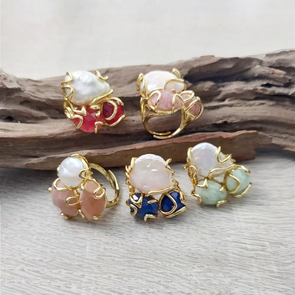 FUWO Gorgeous Natural Crystal Pearl Rings,Gold Color Plated Three Stone Adjustable Design,Elegant and Unique Jewelry 5Pcs RG051