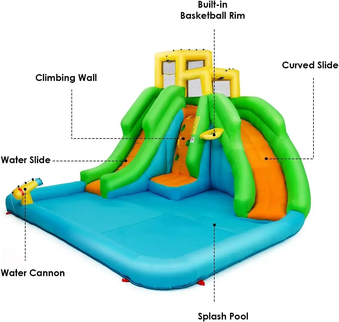 Nadmuchiwana zjeżdżalnia wodna, 6 w 1 nadmuchiwane zjeżdżalnie wodne w parku wodnym ze ścianą wspinaczkową, 2 długimi zjeżdżalniami, basenem i kulką, na zewnątrz