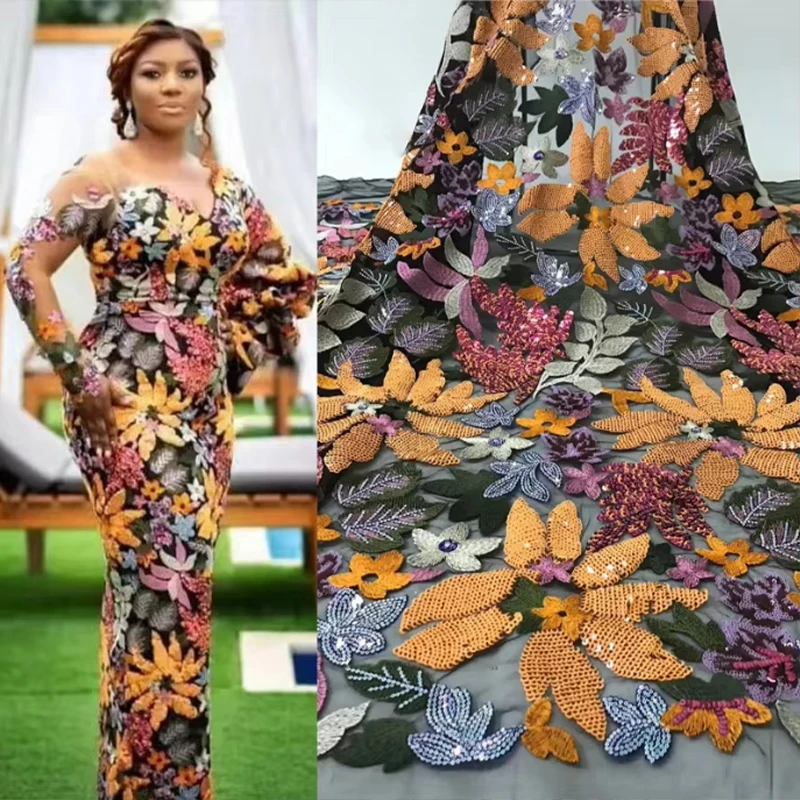 

1 ярд, 3D сетка с вышивкой, цветок, блестки, ткань, красочная нить, африканское кружево для вечернего платья, свадебное платье, шитье своими руками