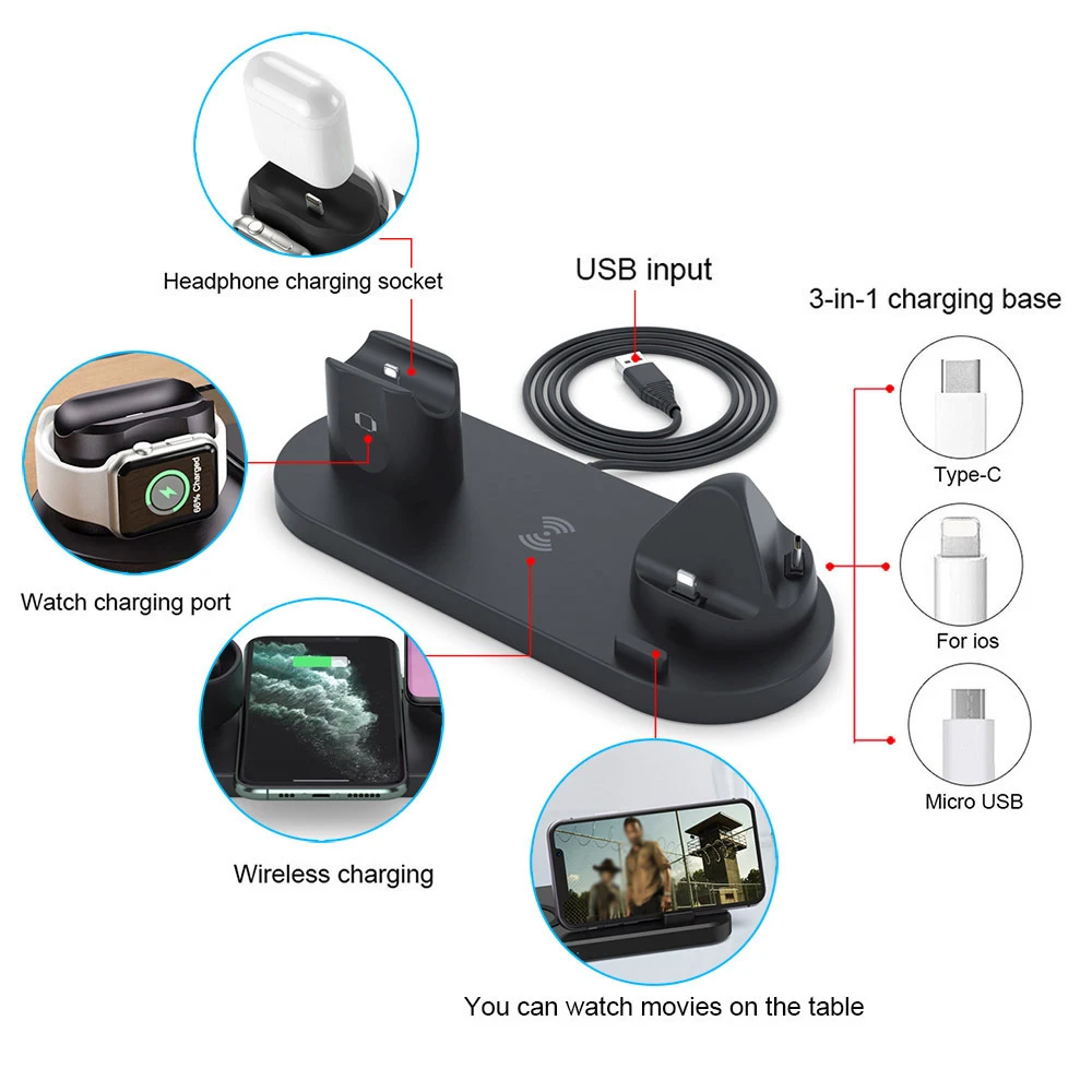 Estación de carga inalámbrica 6 en 1, soporte de carga rápida Qi de 15W para iPhone 14, 13, 12, 11, Apple Watch 8, 7, 6, 5, Airpods 2, Samsung, novedad de 2022