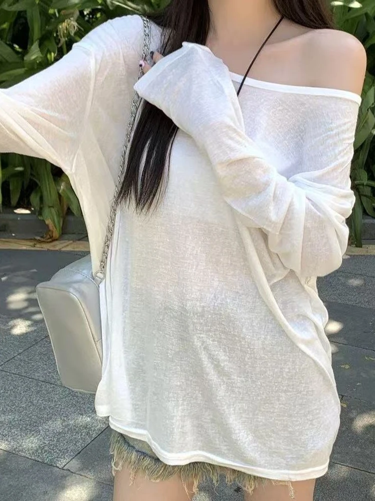 Sexy Oversize Sheer Top Women See Through One Shoulder T Shirt Loose Baggy Long Shirt Casual Basic Tees Off Shoulder White Black
