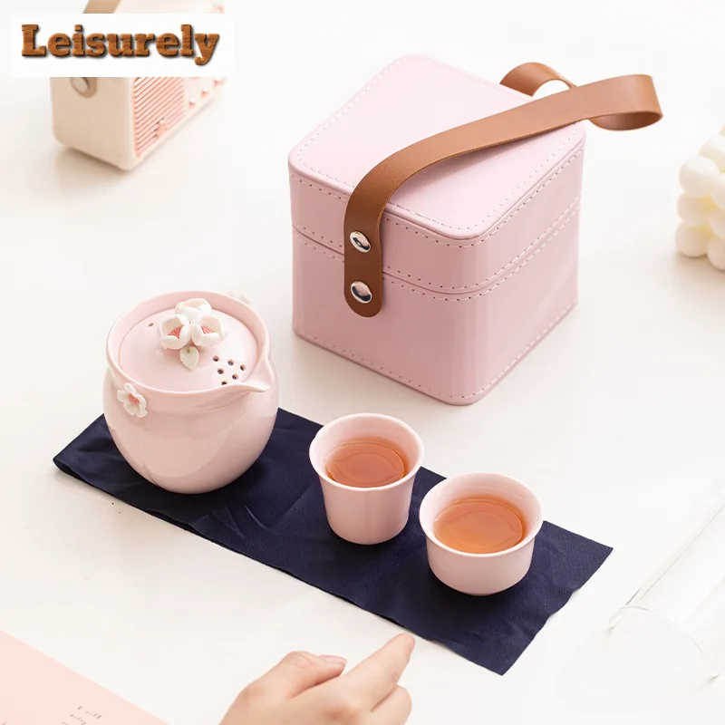 Hand Pinched Pink Flower Porcelain Tea Set Kit Japanese 1 Pot 2 Cups Tea Maker Picnic Portable Woman Cha Accessories Ornaments