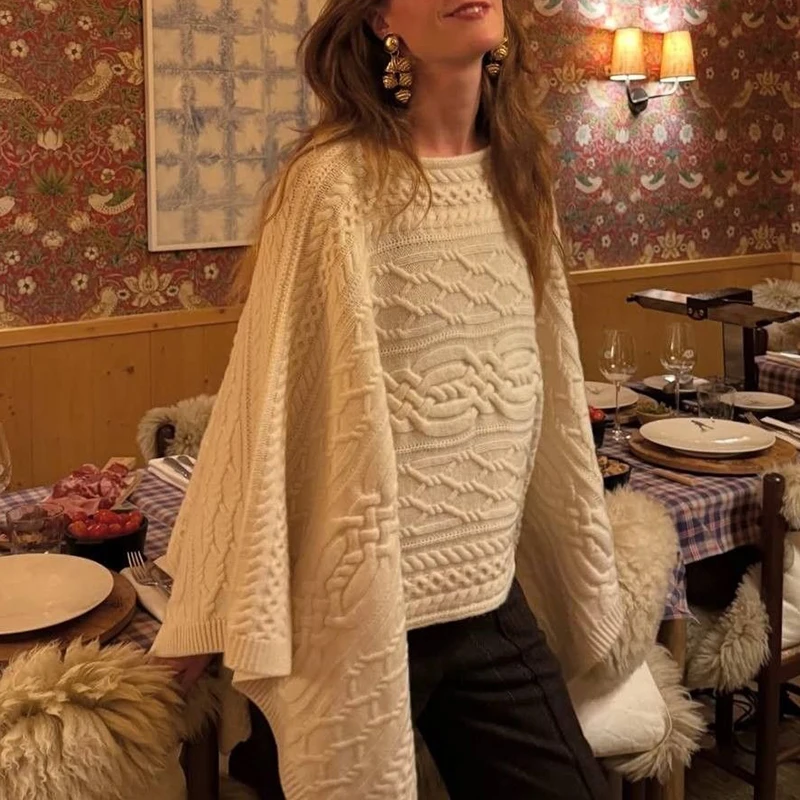 Autumn Winter Loose Knitted Top Jumper Women Boat Neck Cable Knitted Poncho Sweater Retro Twist Textured Batwing Sleeve Pullover