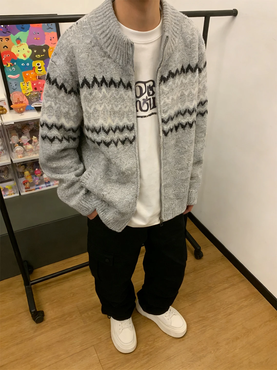 

Мужской свободный вязаный кардиган-свитер в американском стиле с воротником-стойкой для осени и зимы, повседневная трикотажная одежда