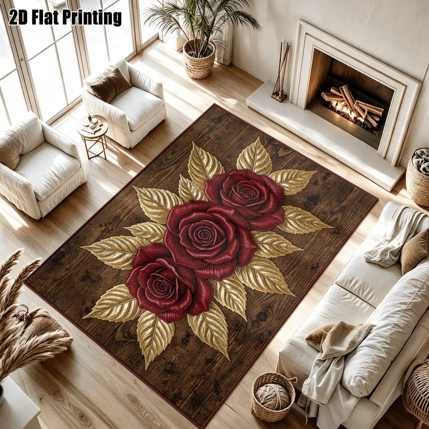 1Pc 2D Printed Burgundy Rose & Gold Leaf Pattern Retro/European/Modern Minimalist Carpet, Washable, Multi-Size, Suitable for Home Decor, Multi-Scene Use