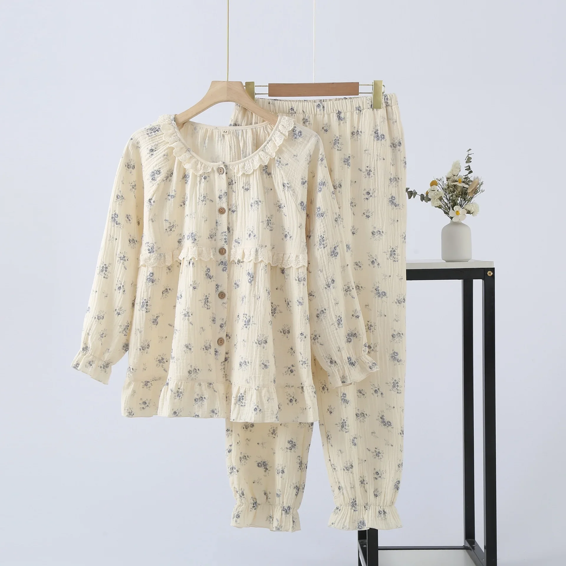 

Sweet Floral Pure Cotton Sleepwear Women's Thin Gauze Sleeve Long Home Clothes Set Spring Summer Autumn Loose Student