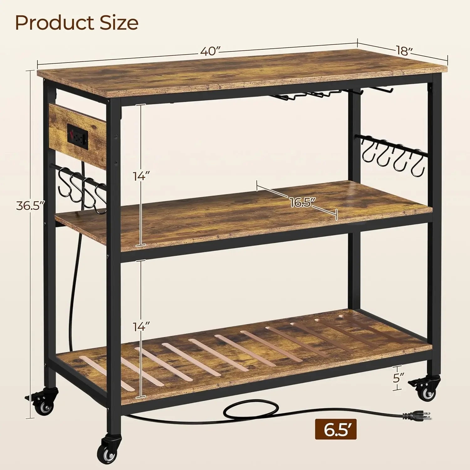 

Kitchen Island Cart with Power Outlet, Kitchen Carts on Wheels with Storage, 3-Tier Microwave Stand with Foodpads