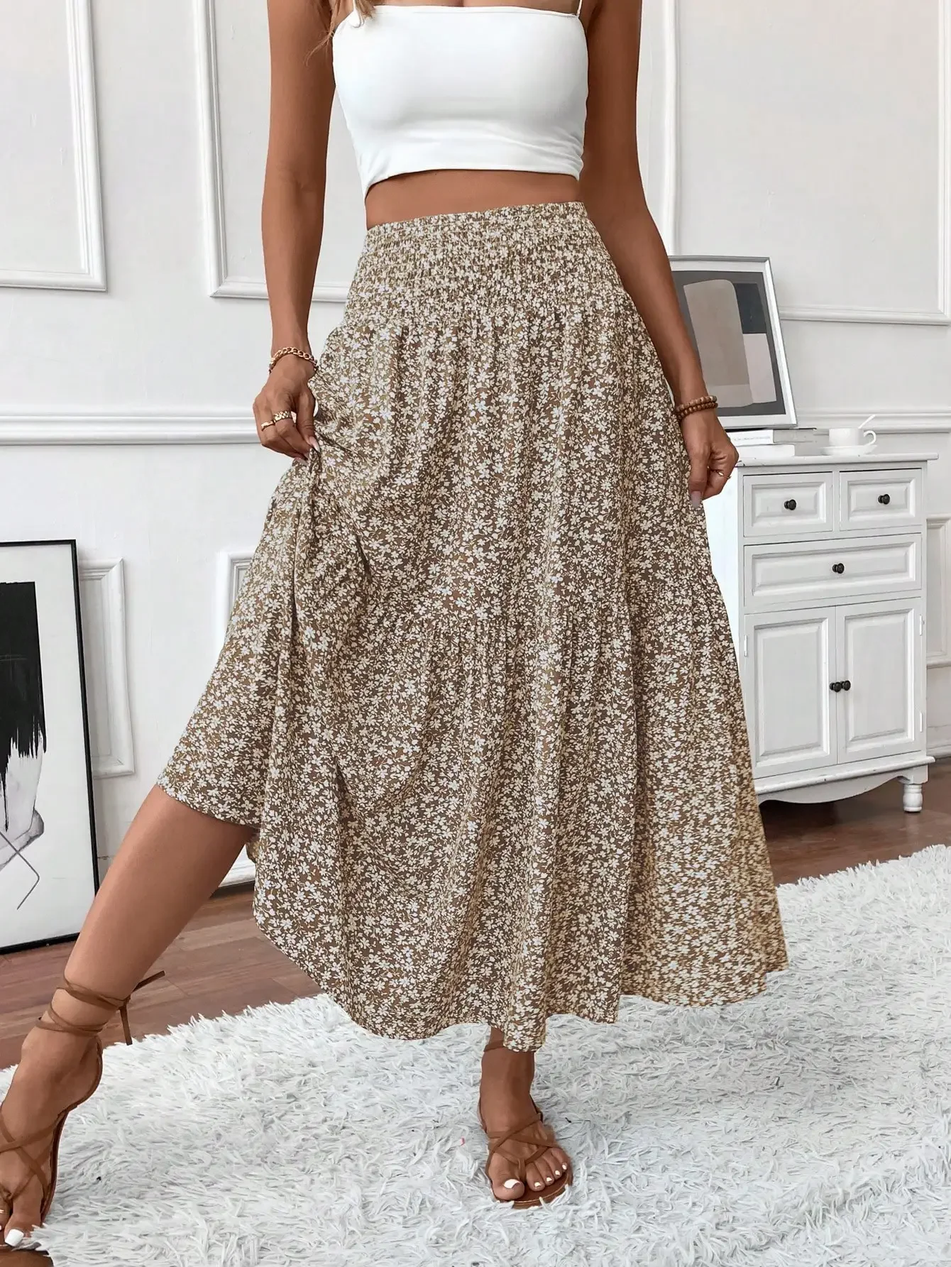 

Womens Ditsy Floral A-Line Skirt With Pockets Elastic Waist Ruffle Hem