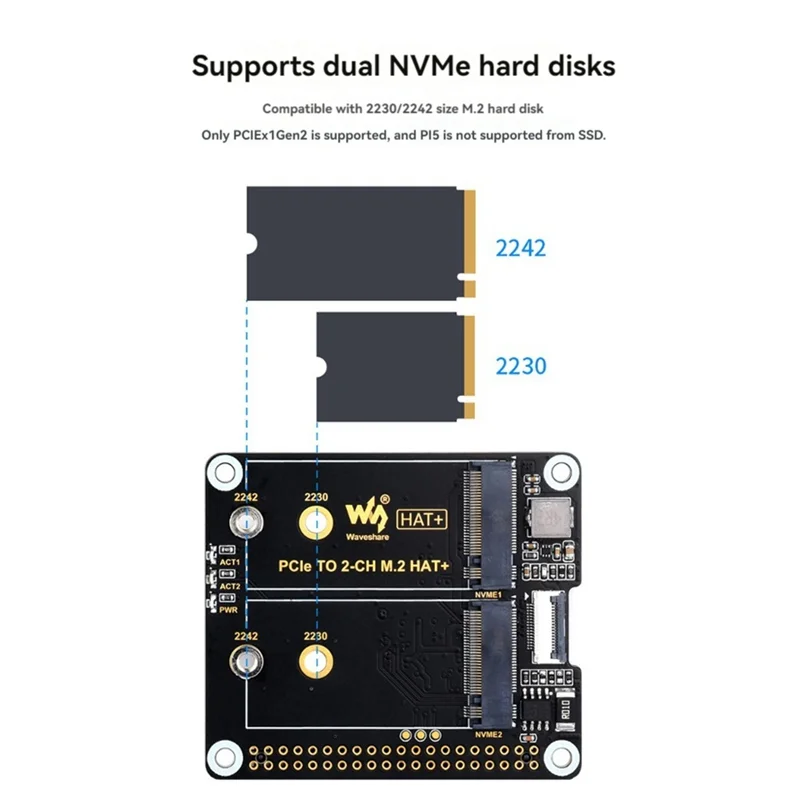 Waveshare para raspberry pi 5 canal duplo pcie para placa de expansão m.2 nvme ssd chapéu + padrão de alta velocidade leitura/gravação placa inicialização