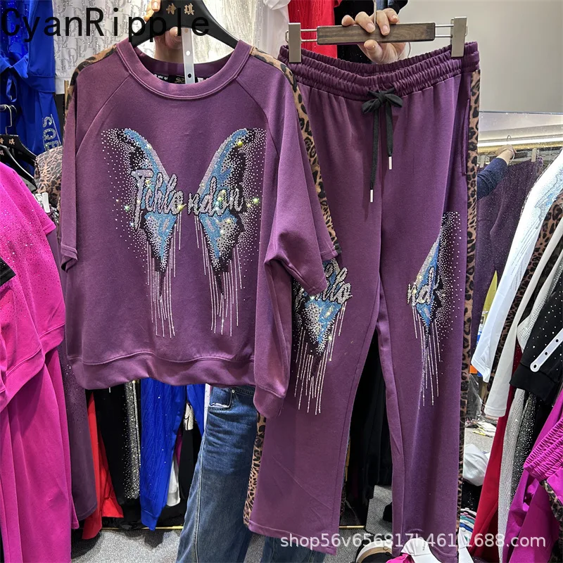 

Trendy New Summer Women Two-piece Set Hot Diamond Colorful Butterfly Loose Short Sleeve T-shirt Top + Elastic Waist Casual Pants