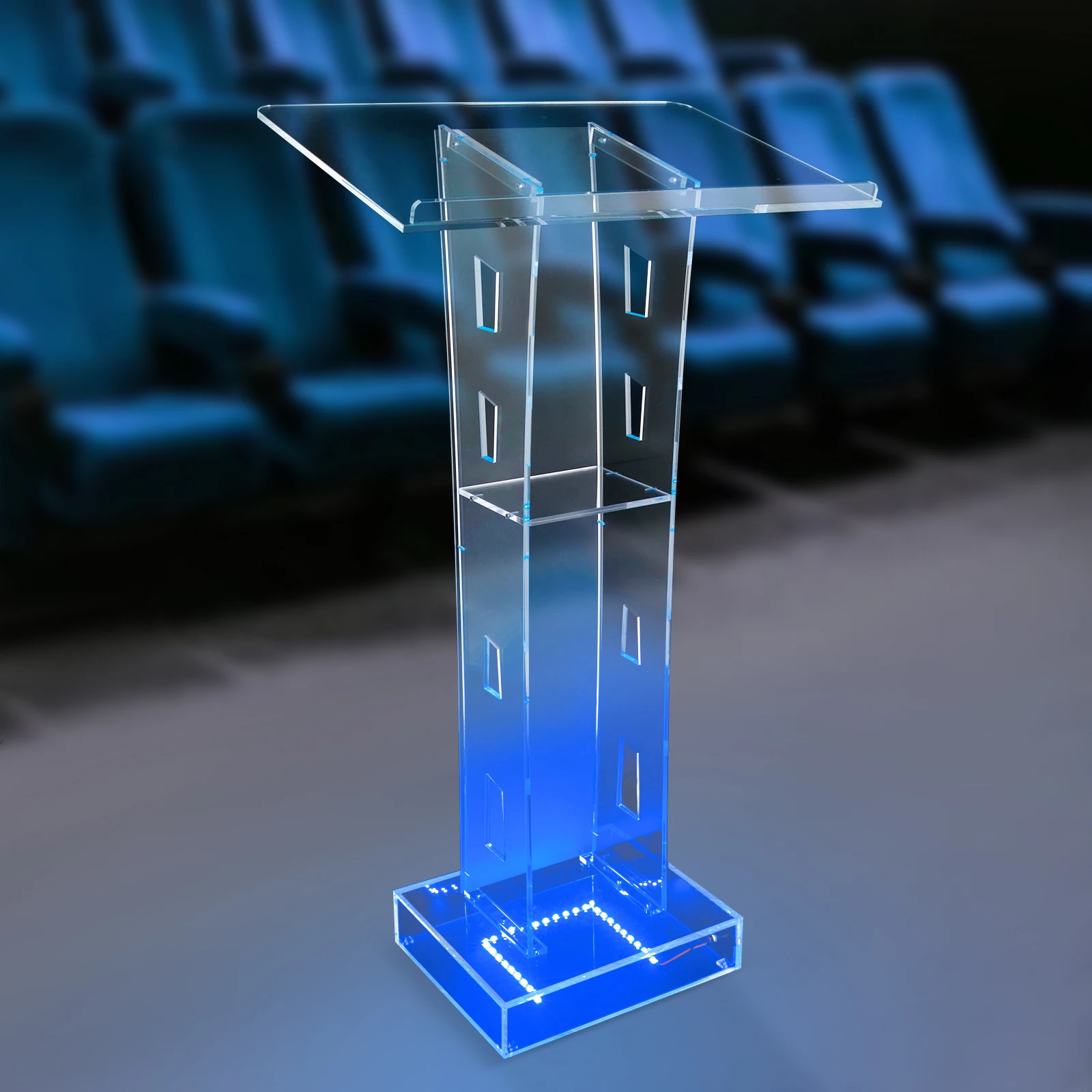 Podio in lucite acrilico trasparente 110x60x40 cm con leggio a luce LED blu Supporto per reception per chiese Pulpiti Ufficio
