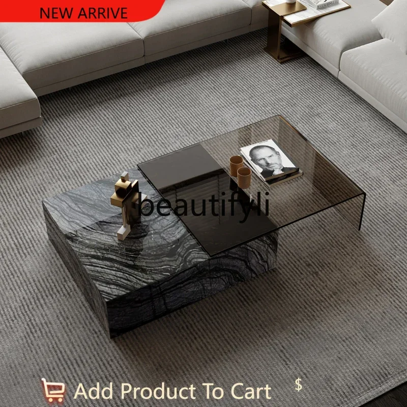 

Marble coffee table tempered glass retractable modern Italian light luxury ancient wood grain natural luxury stone G1218