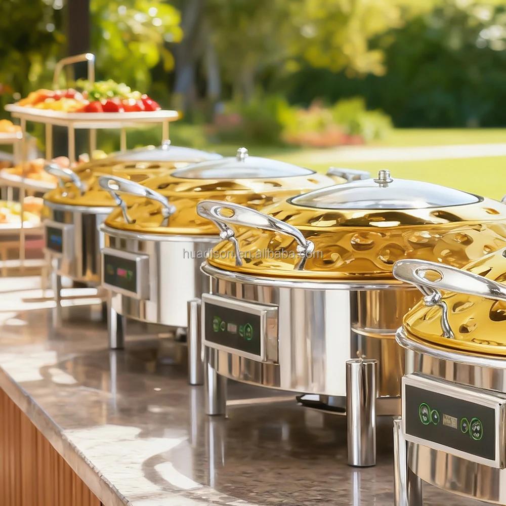 Huadison Catering Equipment Buffet Hammered Chafing Dish Stainless Steel Luxury Chaffing Dish Round Gold For Hotel Buffet