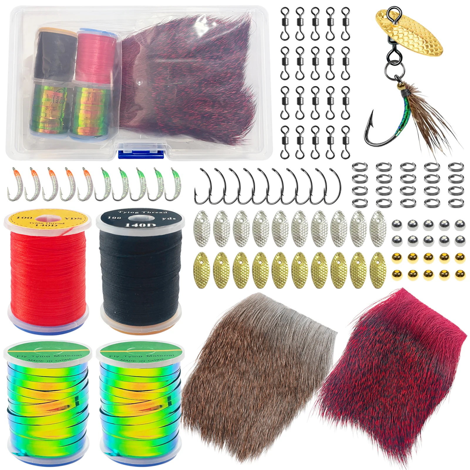 Fishing Flies Making Materials Kit,Fly Baits Sequins,Hooks Annimal Hairs Swivels Beads Tying Flies,Mosquito Lures Accessory Set